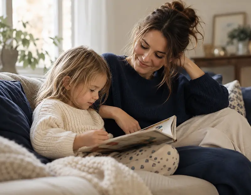 Mutter und Kind sitzen ruhig nebeneinander auf einem Sofa, das Kind blättert konzentriert in einem Buch – Sinnbild für Geborgenheit nach der Autismus-Diagnose